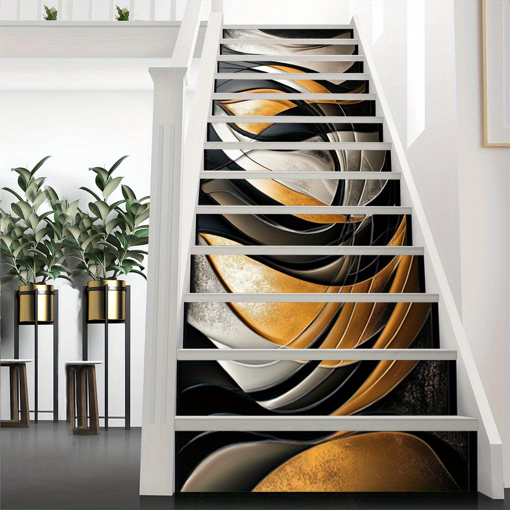 13pcs Abstract Black, Golden & White Fluid Design Stair Stickers - Self-Adhesive PVC Home Decor Murals for Living Room, Staircase, and Interior Design, 100.0cmLx17.98cmW, Modern Wall Art Decor|Abstract Wall Art|Easy Installation Decor, Stair Decorations