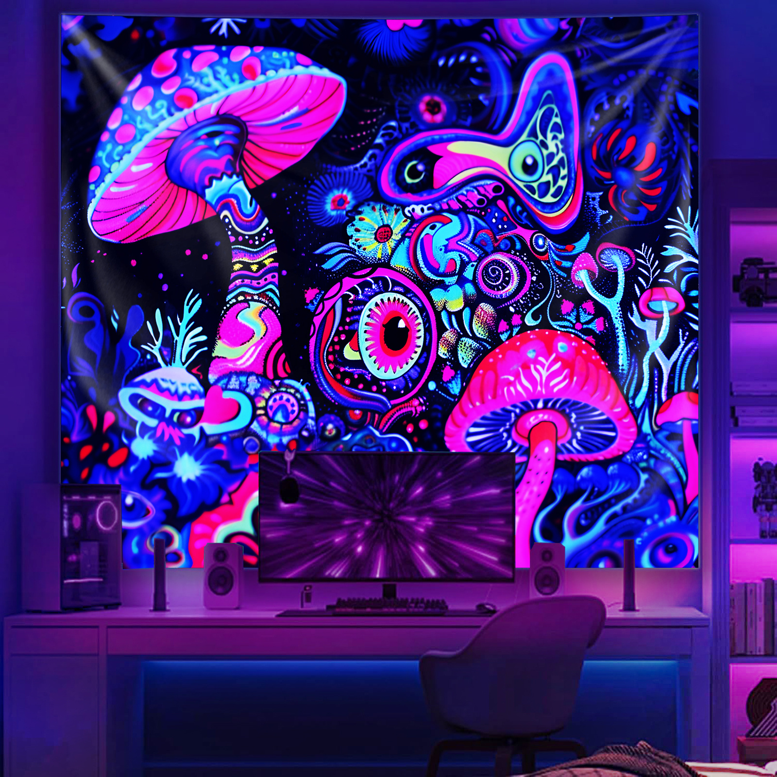 Wandteppich mit Anime-inspirierten, im Dunkeln leuchtenden Pilzen,  UV-reaktive fluoreszierende Wandbehänge, Polyester-Strickstoff,  Fantasy-Augen- und Sterndesign, ohne Strombedarf, für Partys und ..., image size:1600x1600