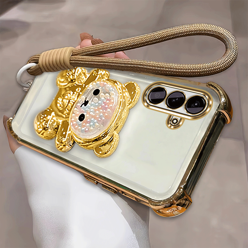 TEMU Phone Case: Case For A56 A16 5g A26 A36 Luxury Plating Quicksand Bead Bear Folding Bracket Stand Holder Candy Lanyard Wrist Strap Chain