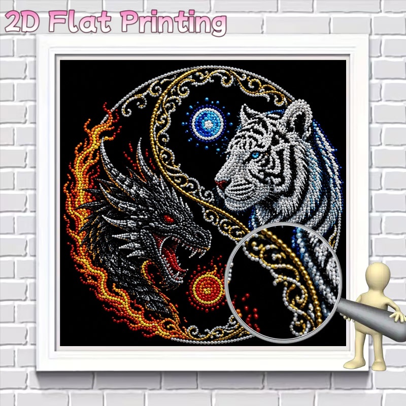 TEMU New Release 2d Pearl Style Frameless Diamond Painting Kit, Yin Yang Tai Chi Divine Black Dragon And White Tiger Round Design, Exquisite Bead