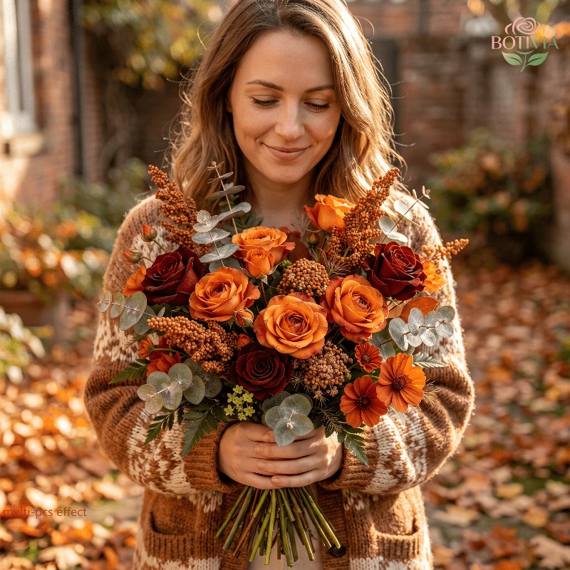 elementbilde 21 stk. høstfargede premium kunstige blomster i blandede materialer,   rose, tusenfryd, dobbelte blomster, eucalyptus eucalyptus-bukett, realistiske høst-kunstige blomster, egnet for hjemmedekorasjon, vasearrangement, bryllupsdekor, butikkutstilling