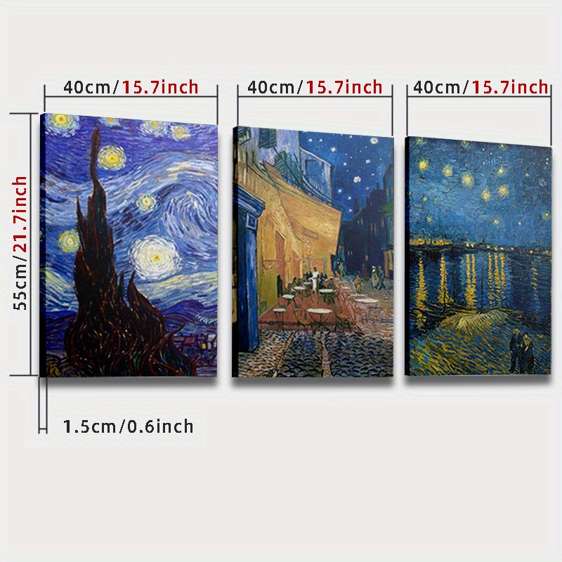 TEMU 3pcs Canvas - Van Gogh , Starry Night And CafÃ© Terrace At Night On The River - Modern Aesthetic Wall Art - Suitable For Living Room And Home