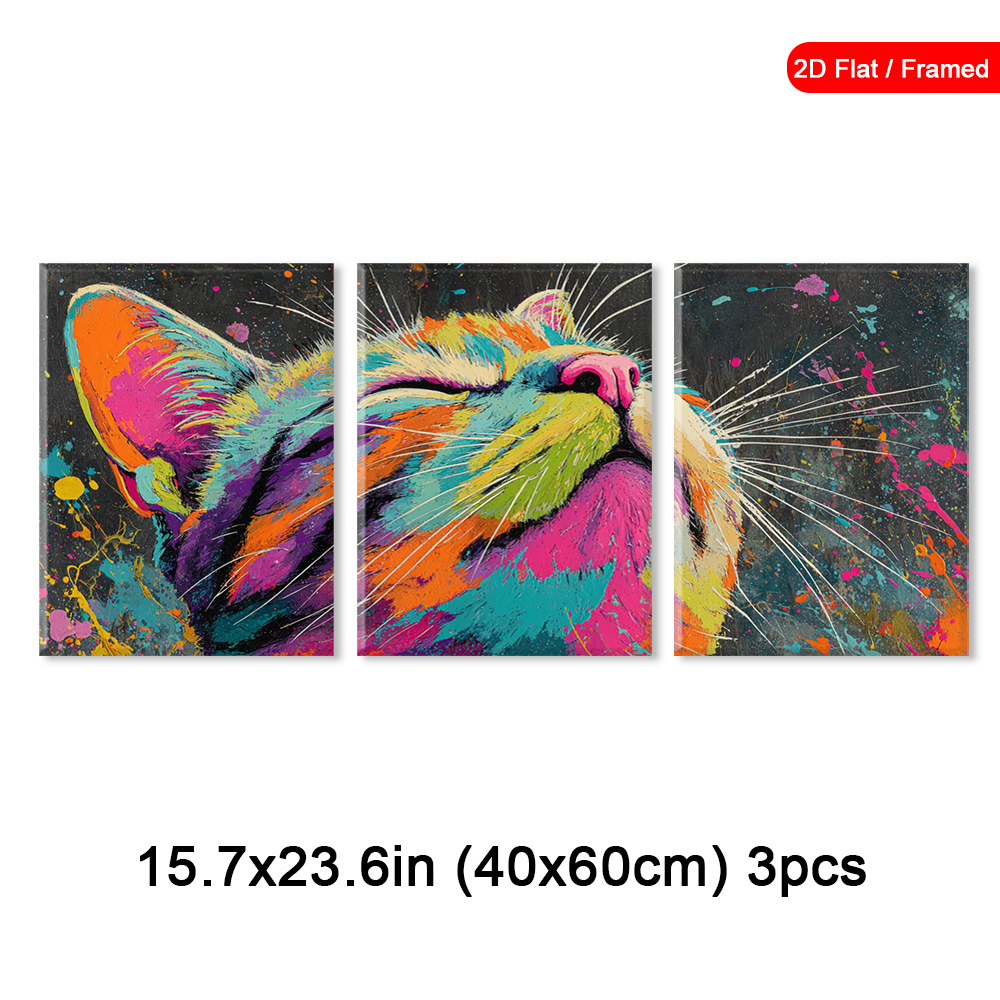 TEMU 2d Flat, 3pcs Framed Colorful Cat Wall Art, Vibrant Graffiti Canvas Decorations Paintings Poster, Artistic Style Art Prints, Bright Colors Wall