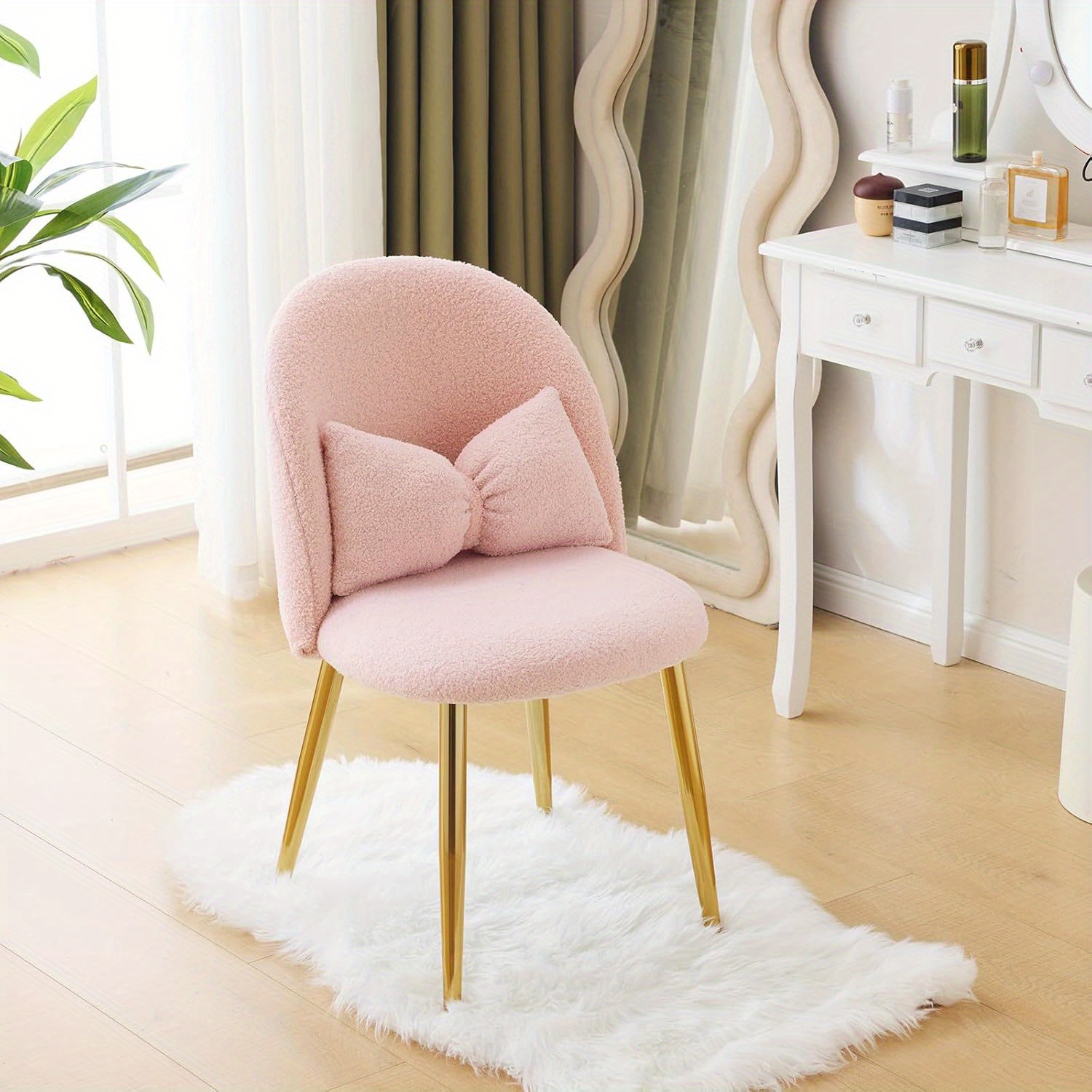 Girls Vanity Chair with Backrest, Small Lounge Chair Without Wheels, Comfy Chair with Bow Cushions, Makeup Chair with Adjustable Golden Legs, Comfortable Chair for Bedroom, Living Room, Small Space