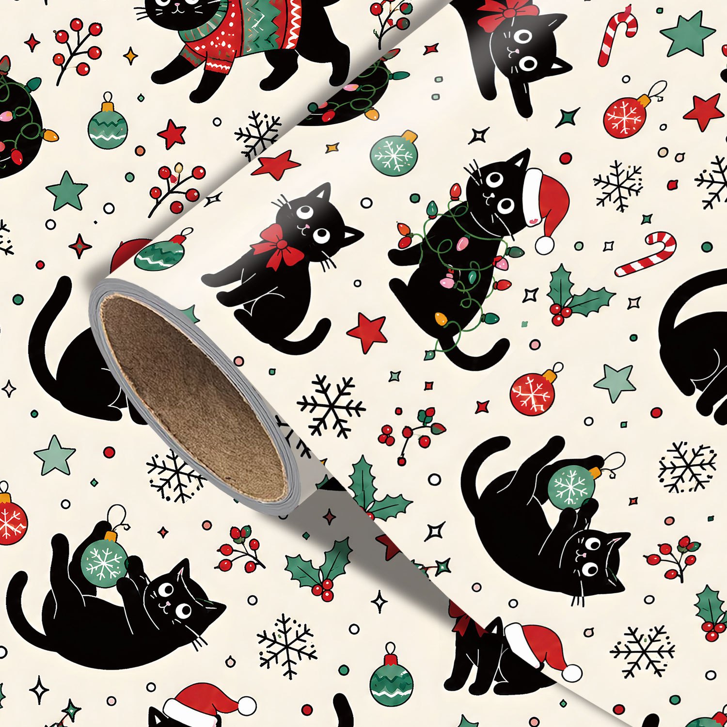TEMU Rouleau de de Noël - 17.7 X 118 pouces, Papier d'emballage cadeau de Noël avec des chats ludiques, guirlandes lumineuses, chapeaux de Père Noël,