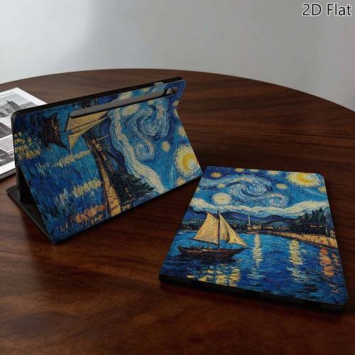 삼성 갤럭시 탭 s7 s7fe s8 s9 s9fe s10 lite fe plus tab 11 12.4인치용 2d 평면 별이 빛나는 밤의 배 그림 태블릿 케이스 1개, 자동 깨우기/잠자기 기능 태블릿 커버, 전신 보호 접이식 충격 방지 보호 커버, 2d 평면