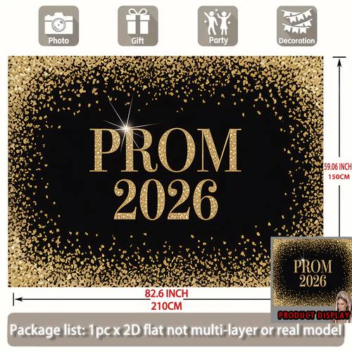 2d flat 2d flat 2d flat 2d flat 2d flat banner 1pc prom 2026 with golden glitter durable background fabric suitable for classrooms offices and activities ideal for photo booth props and home decorations