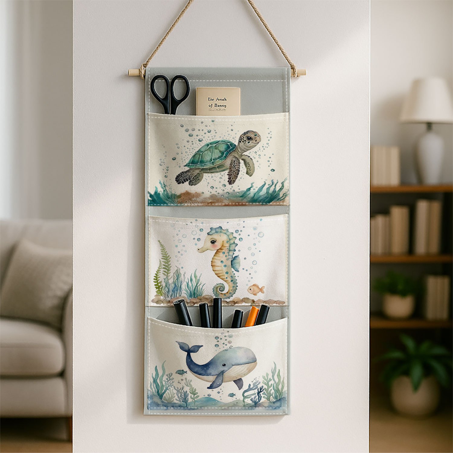 TEMU 2d Printed 1pc Ocean-themed Wall Hanging Storage With Sea Turtle Whale Seahorse Print - Sturdy Hanging Bag Suitable For Room,, Bathroom - Multi-