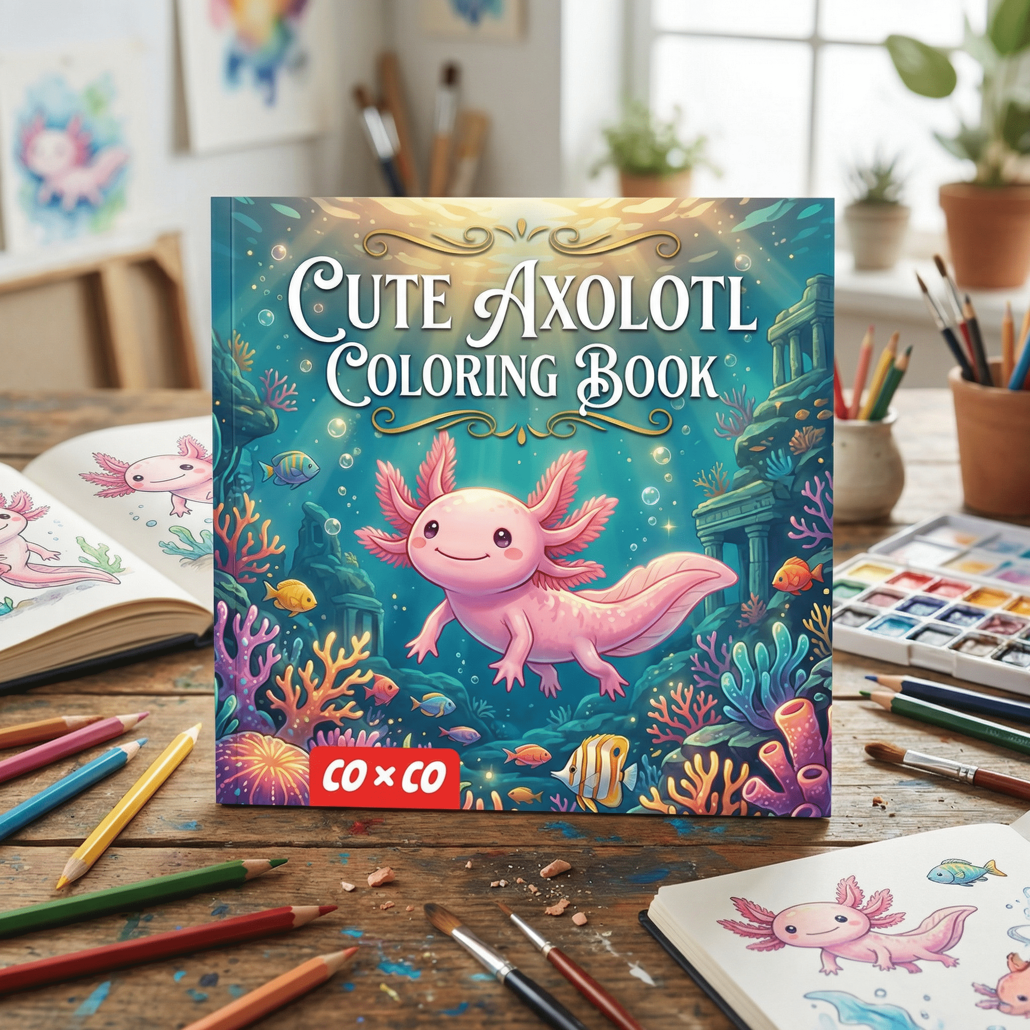 Image of Cute Axolotl Coloring Book For Adults, Amazing Themed Coloring Pages, Relax Coloring Book With Intricate Designs For Relaxation, 7.87in X 7.87in Large Size