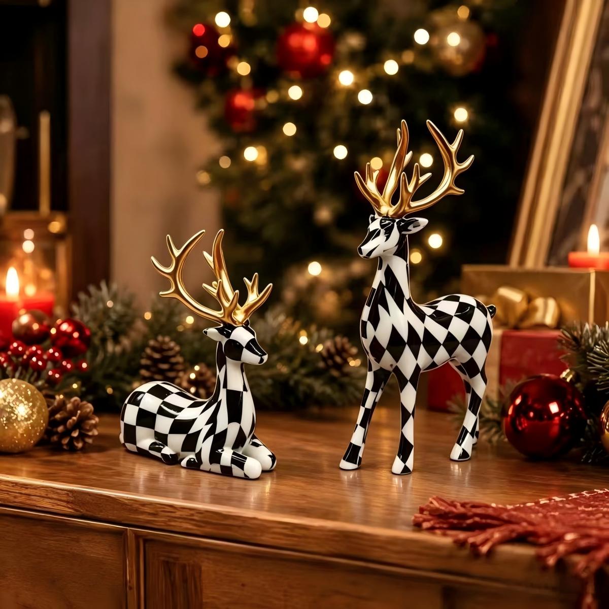 TEMU Xmas Reindeer Decor Set, 2-pack Black White Check Pattern Deer Figurine With , Desktop Ornament For Mantel Tv Stand Entryway, Christmas Decor