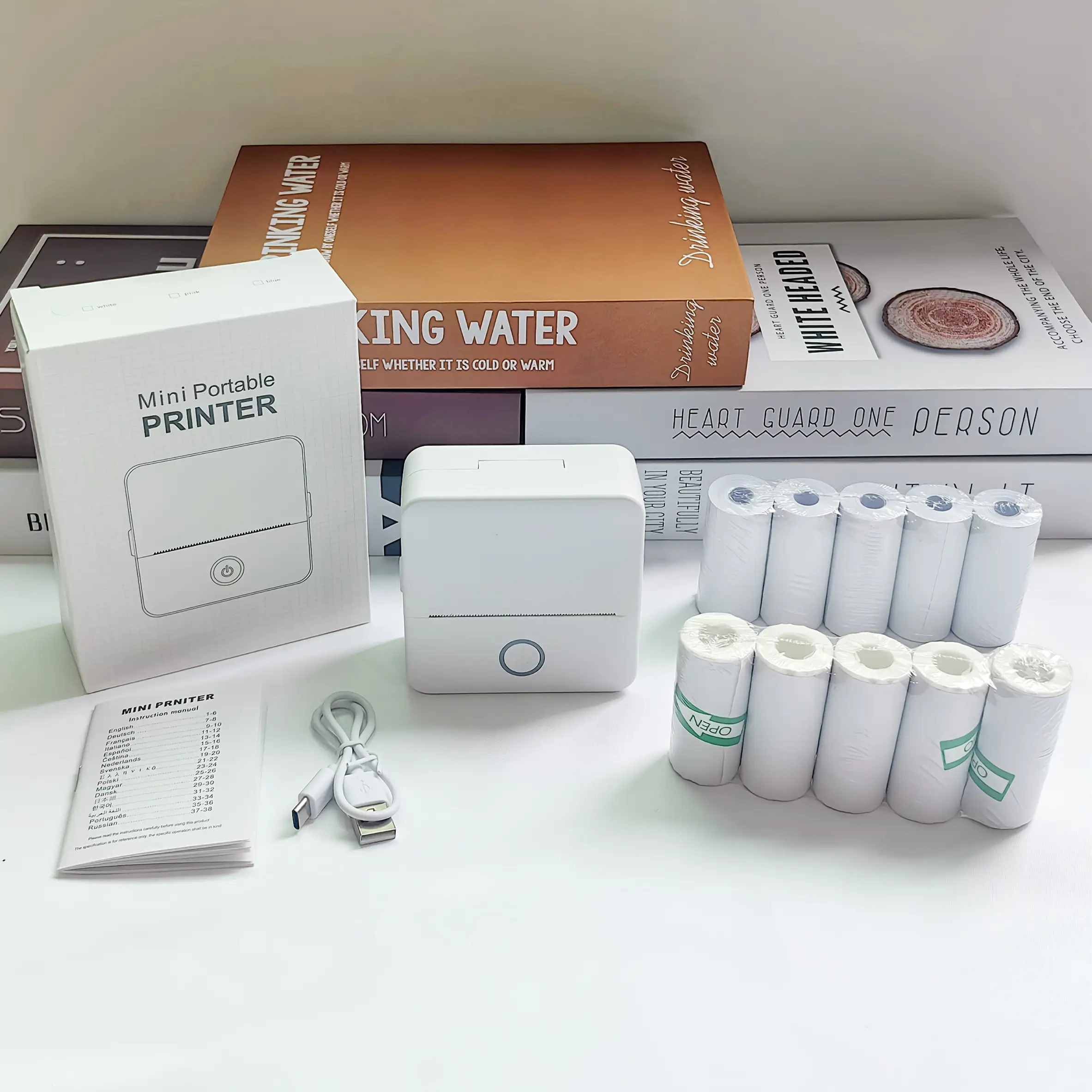 Image of Portable Printer With 5 Rolls Of Paper And 5 Stickers, Thermal Wireless Connection For Printing Worksheets, Labels, Photos, Office