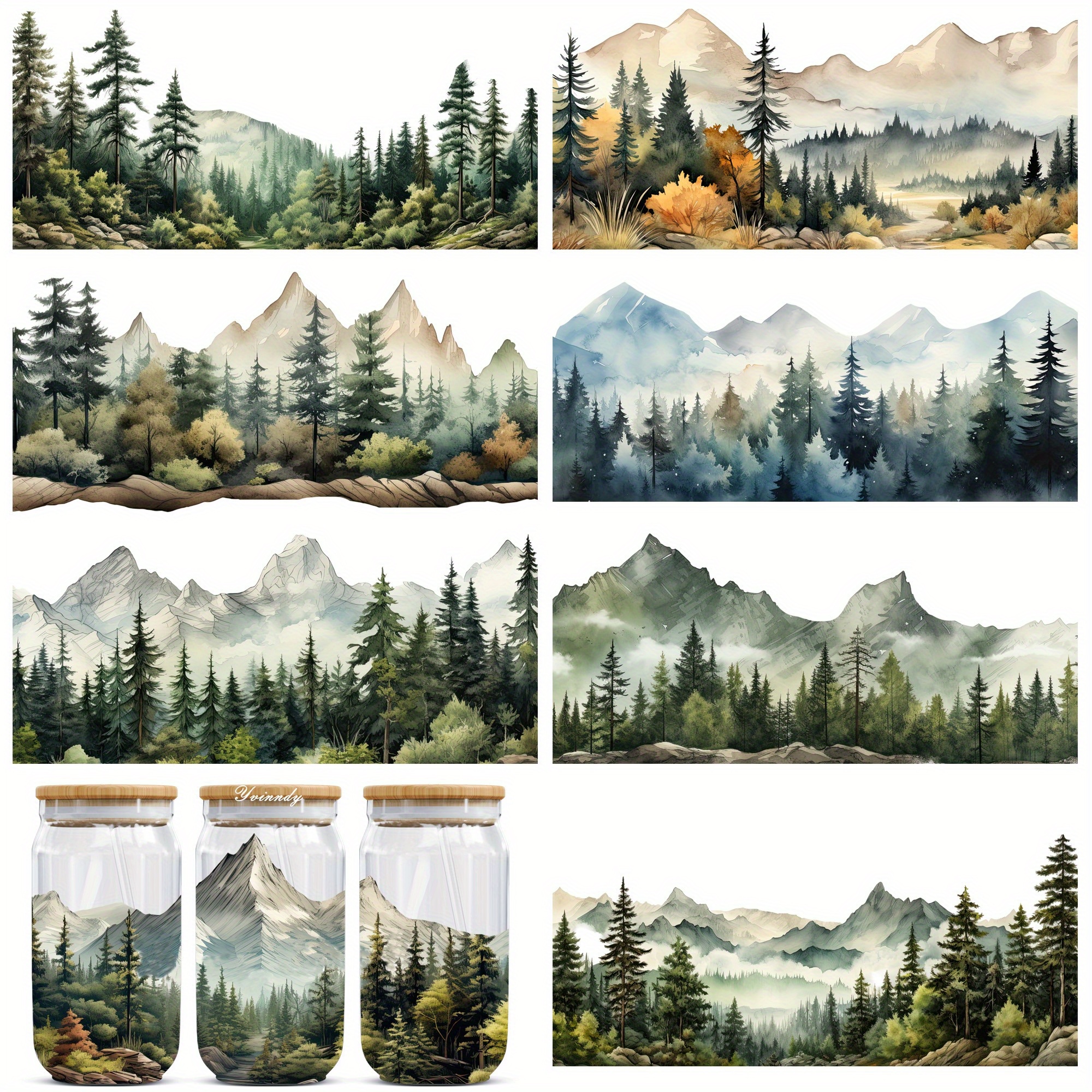 TEMU 8 Feuilles de Papier Décoratif UV DTF Transfert Aquarelle Montagne Forêt - Imperméable et Résistant aux Rayures pour Tasses, Tasses de 16 Onces,