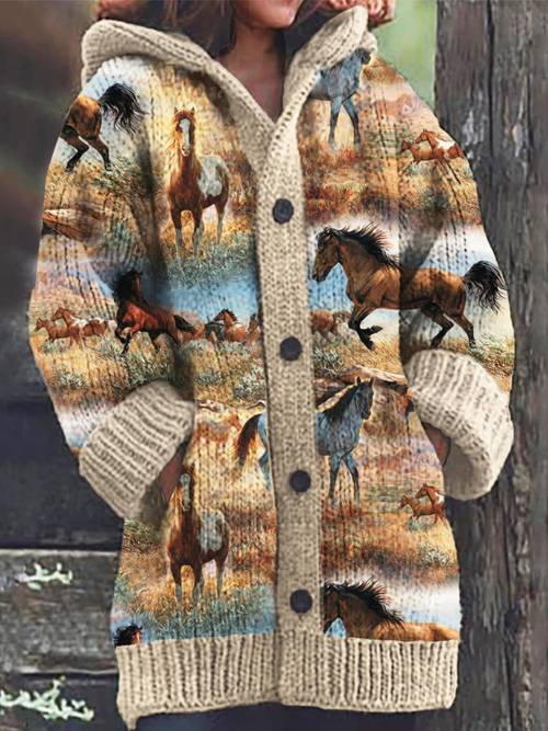 item picture womens horse print hooded cardigan sweater jacket full zip front hooded collar horse themed coat suitable for events winter wear khaki hand washable outerwear for casual outfits horse
