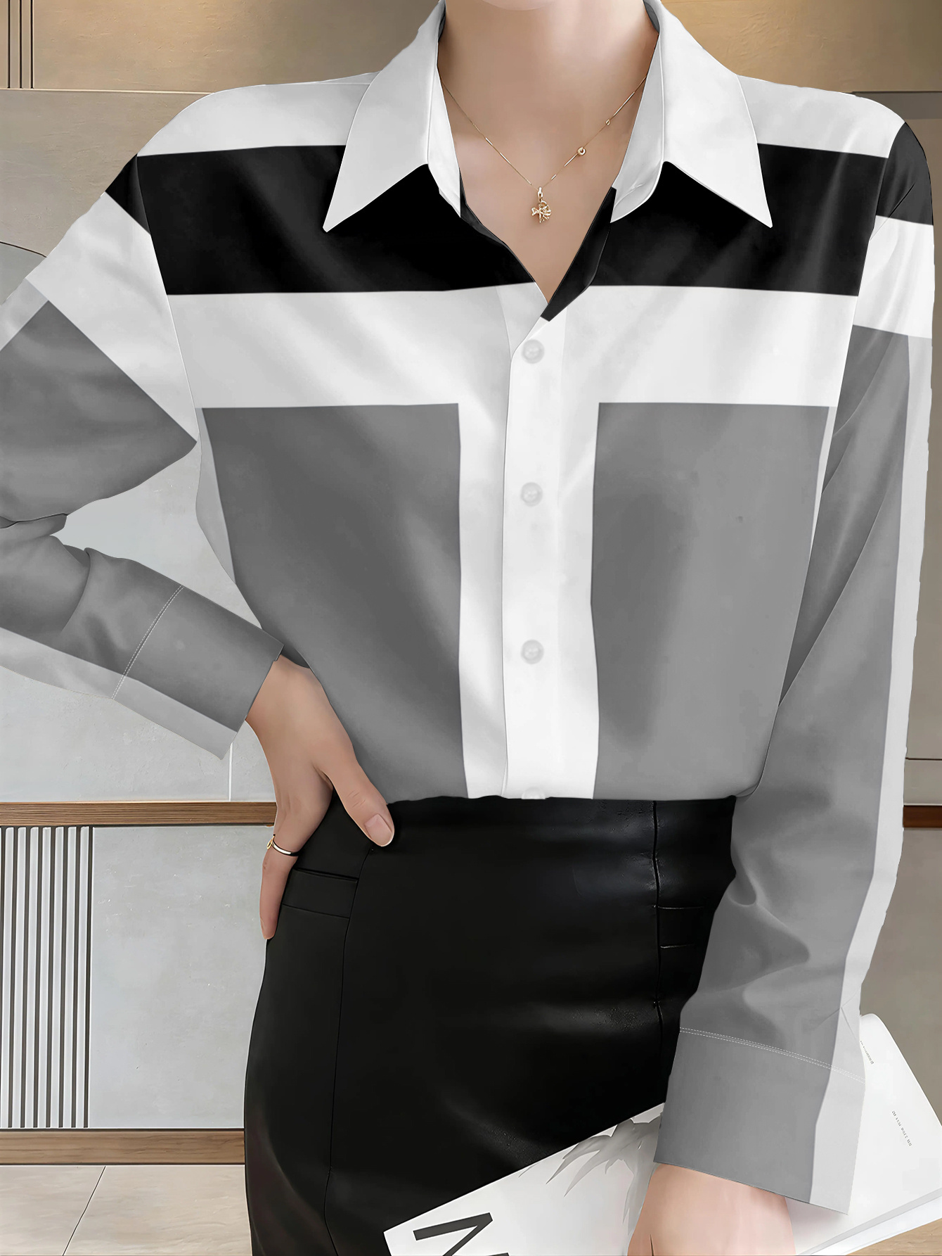 new womens long sleeve shirt black white gray striped easy pattern   versatile casual   washable button print shirt