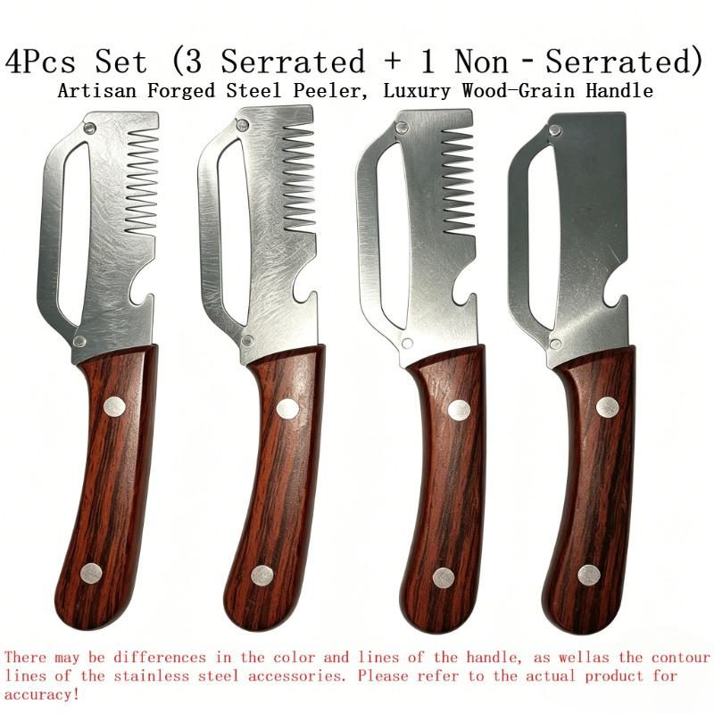 TEMU Precision-ground Stainless Steel Blade Peeler With Luxurious Wood-grain Ergonomic Handle, 4pcs Set (3 Serrated And 1 Non-serrated),