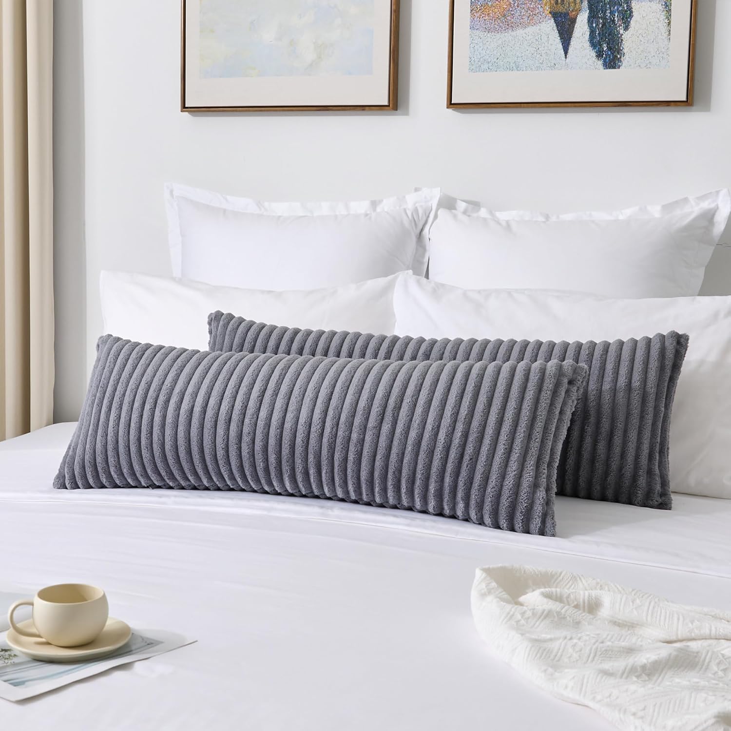 TEMU 2pcs Bohemian Striped Faux Fur Cushion Covers Suitable For Sofa, Bed, Recliner - Soft Fluffy Pillowcases With Invisible Zipper Closure, Machine