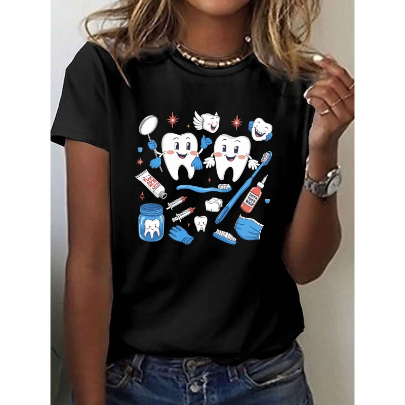 

Women's Dental Themed T-shirt, Casual Crew Neck Top With Illustration Print, Polyester 95% Spandex 5% Knit Fabric, Short Sleeve Tee For