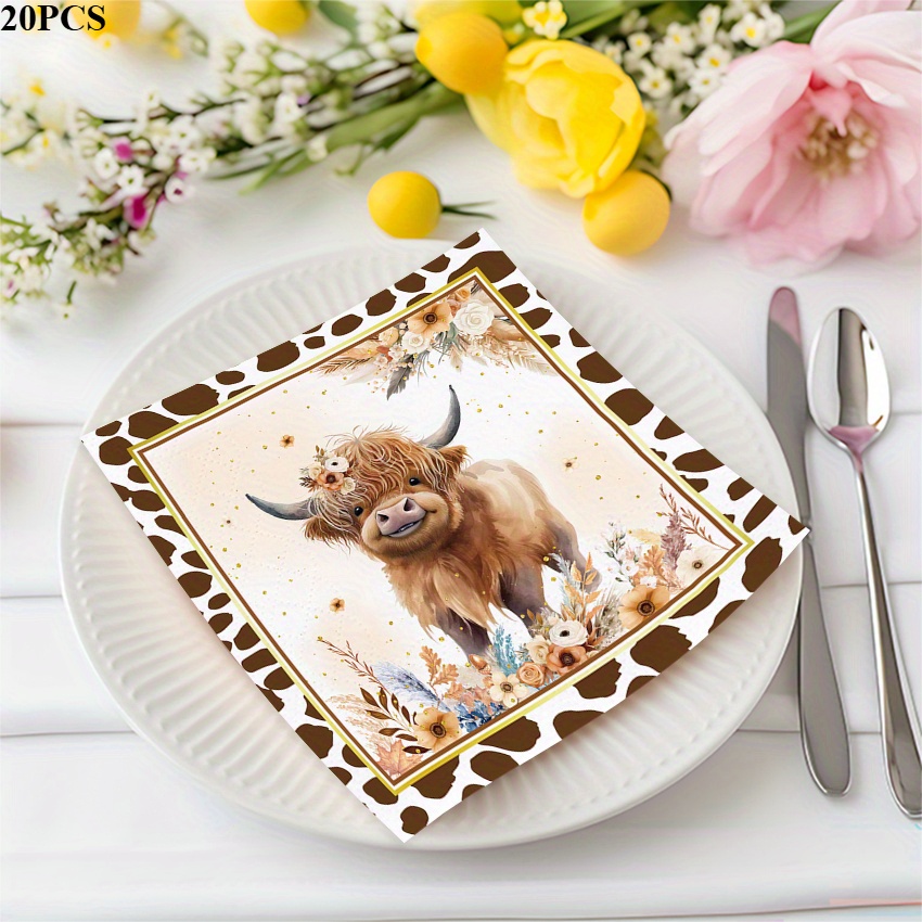 Image of 20pcs New Brown Highland Cow Theme, Suitable For Holiday Supplies, Party Decorations, Disposable Napkins Halloween&christmas For Christmas,newyear,valentine,party Events