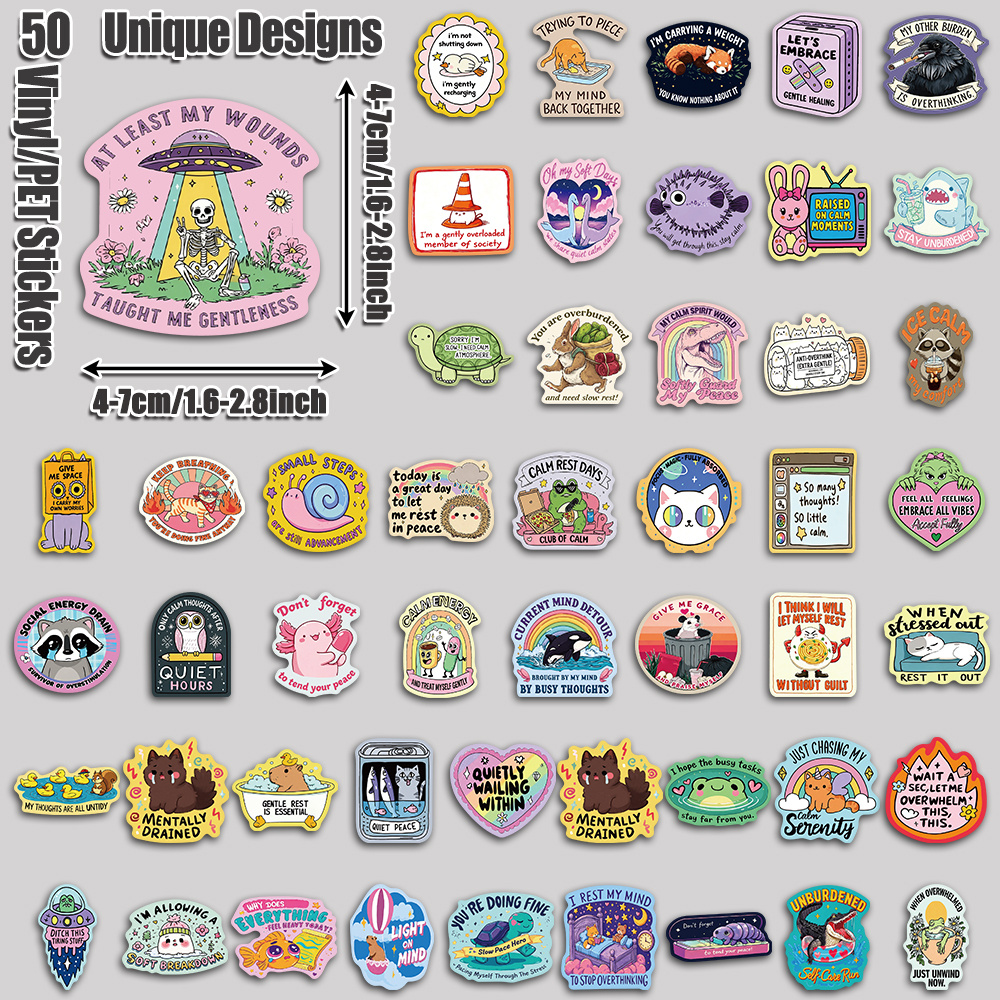 TEMU 50pcs Fun Mental Health Aesthetic Tablet Stickers Pack Holiday Party Birthday And Home Decor Suitable For Laptop Luggage Scooter Handbook Cups