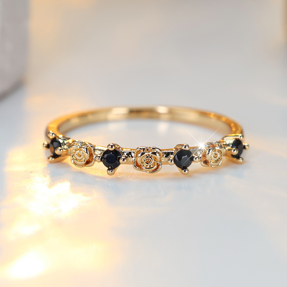 Women's Vintage Delicate Rose Stackable Band with Zirconia Inlay