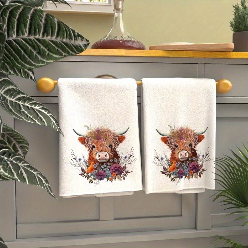 

2pcs Highland Cow Kitchen & Bathroom Towels - , Polyester, Rustic Farmhouse Decor, Perfect Gift For