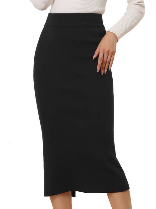 womens sweater skirts ribbed knit elastic high waist stretchy slit casual office pencil midi skirt