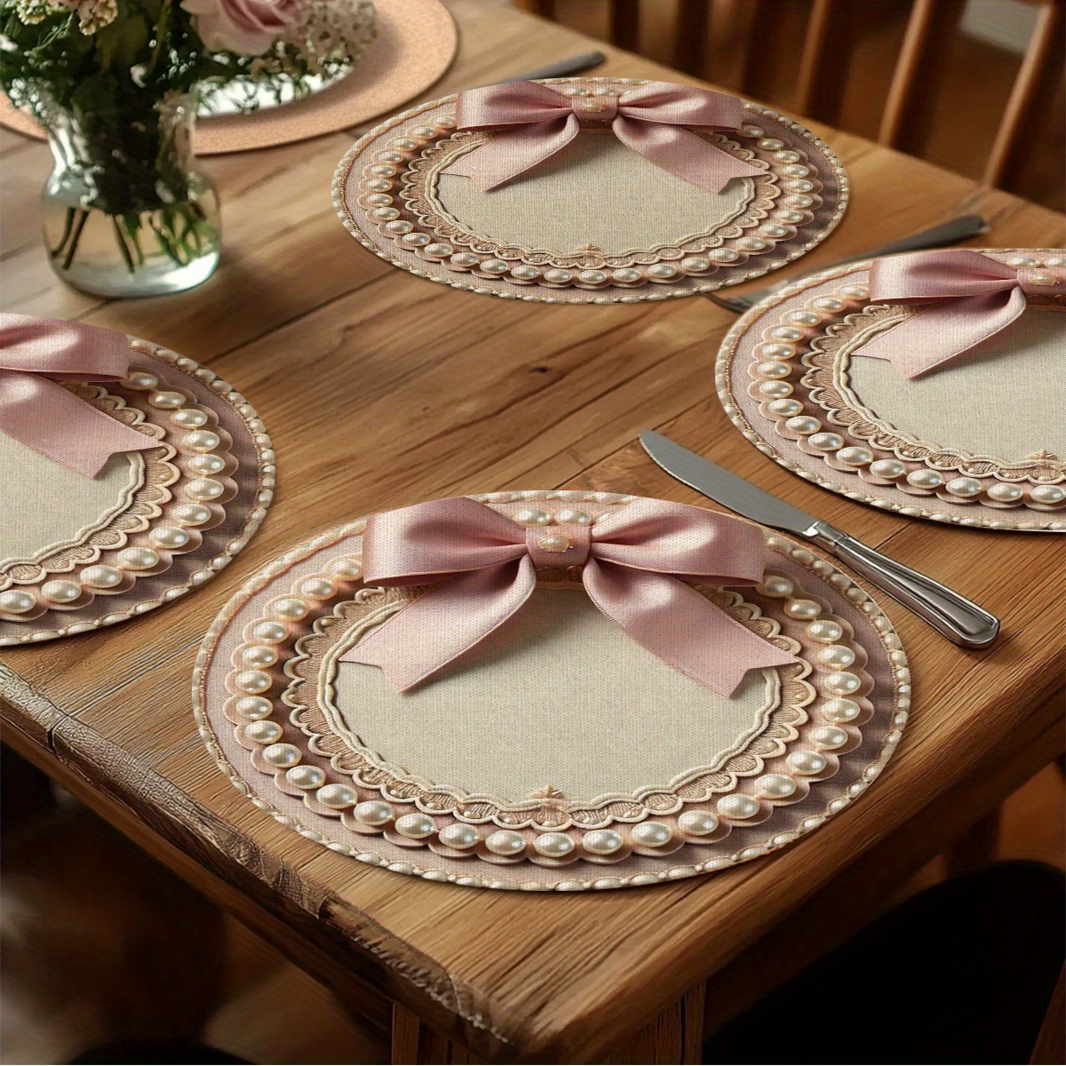 TEMU 4 Elegant Pink Bow And Beautiful Pearl Table Mats, Single-sided Floral Party Table Mats, For Decorating Parties, Kitchens And Restaurants, Party