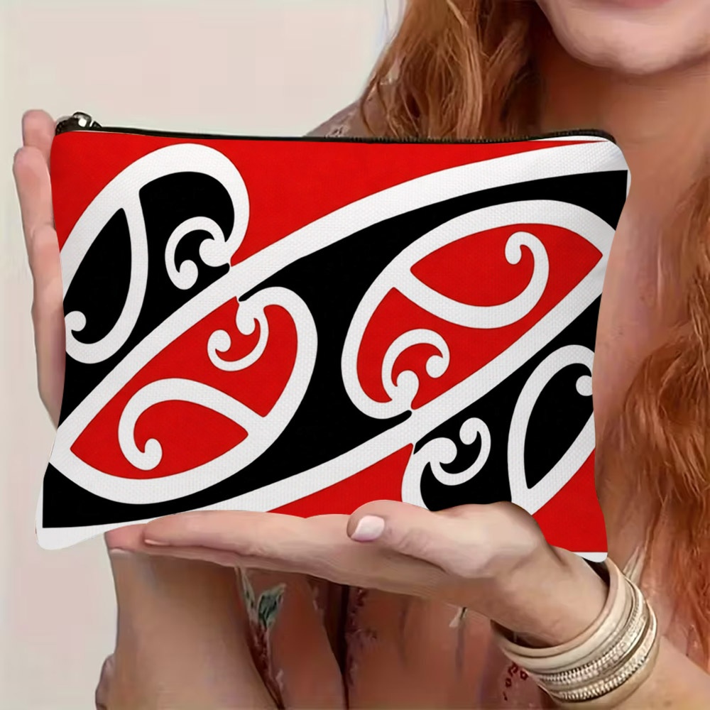 TEMU 1pc 2d Flat Maori Kowhaiwhai Tribal Makeup Bag - Travel-friendly Case With Maori Art Design, Compact & Easy-to- Luggage Or Tote, Durable For,