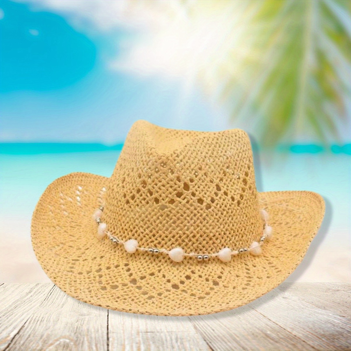 women summer western cowgirl hat heart beaded bleted wide - Temu display picture 2
