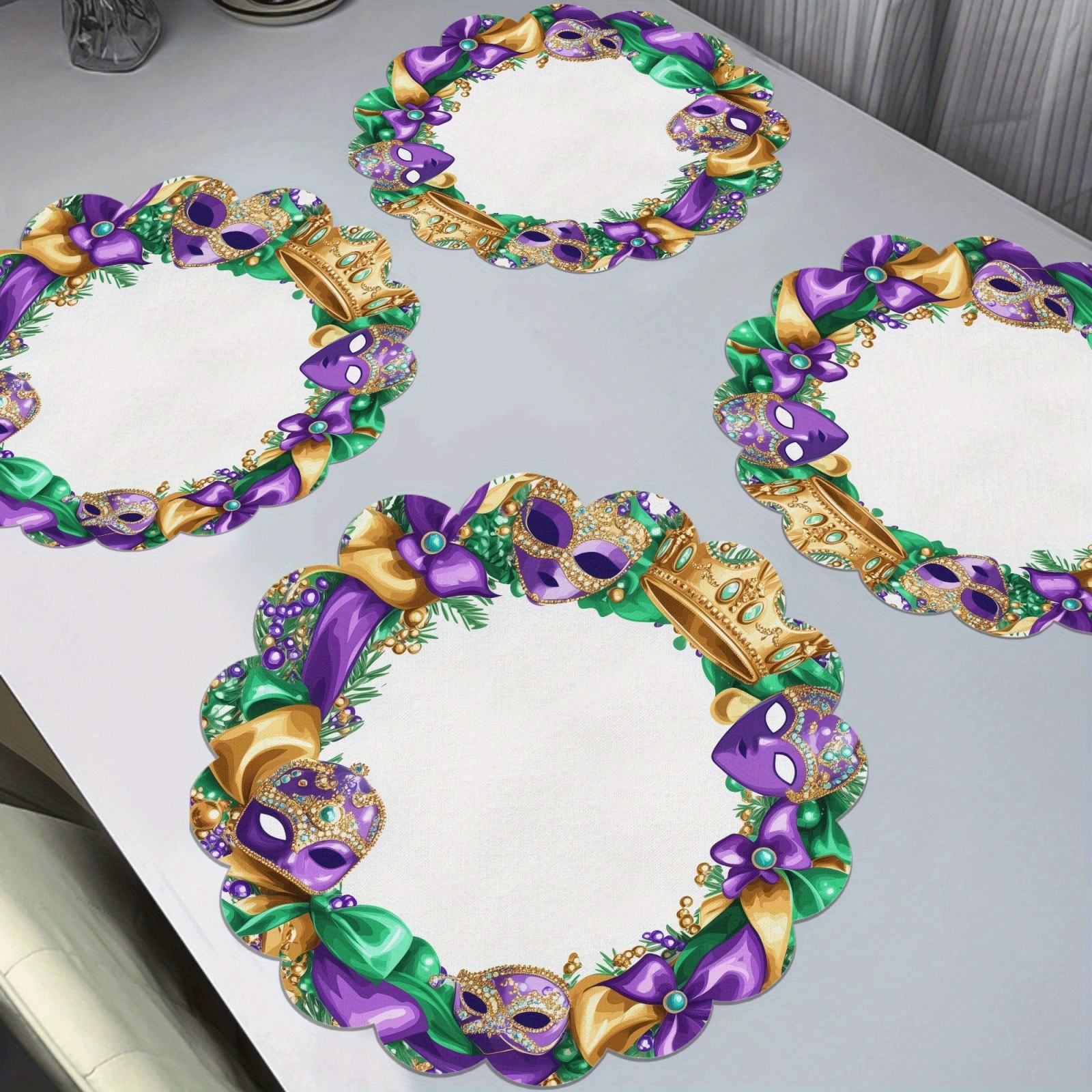 

4pcs Set Mardi Gras Wreath Carnival Placemats - Non-slip, Washable Round Scalloped Table Mats For Home Decor - Daily Use & Holiday Parties