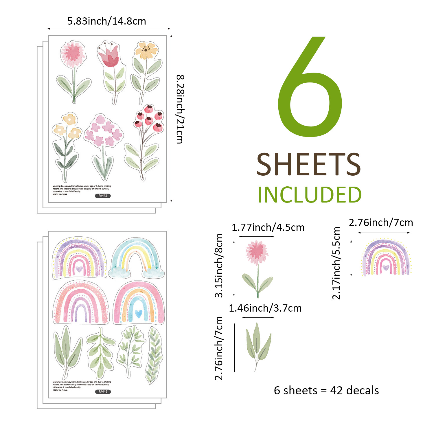 6sheets/set Self-adhesive Wall Stickers, Removable, Rainbow Flowers Pattern, Bedroom Living Room Decals, Home Decoration Wall Decals