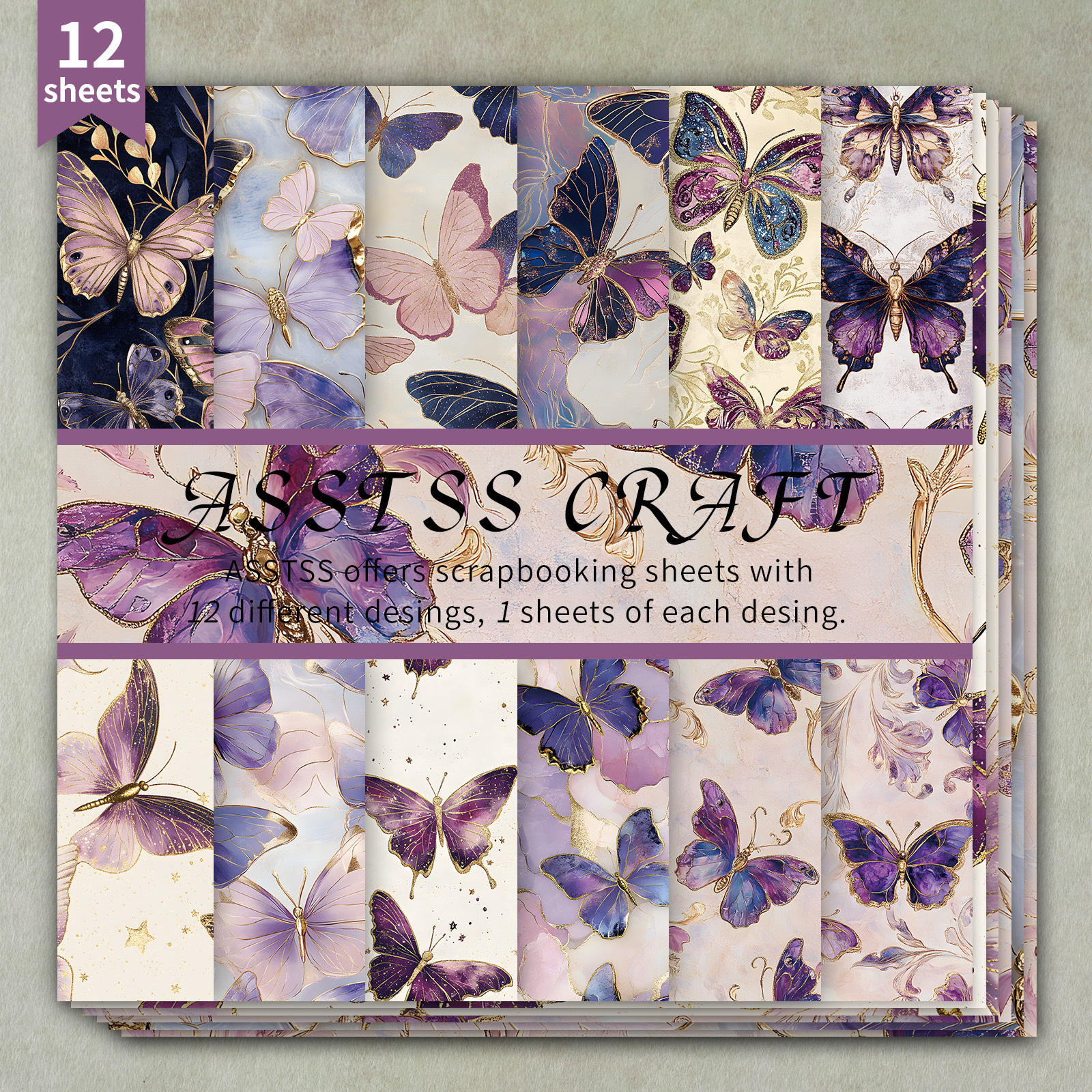 TEMU A 12-sheet Paper Pad Measuring 6x6 Inches, Featuring A Purple Design With Gilded Watercolor Style. This Heavyweight Cardstock Is Perfect For