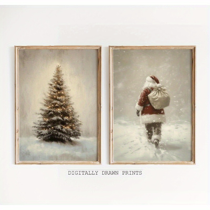 TEMU 2pcs Printable Vintage Christmas Wall Art, Neutral 2-set Farmhouse Christmas Decor Wall Art, Pictures, Christmas Prints Set, Room Decor, Home