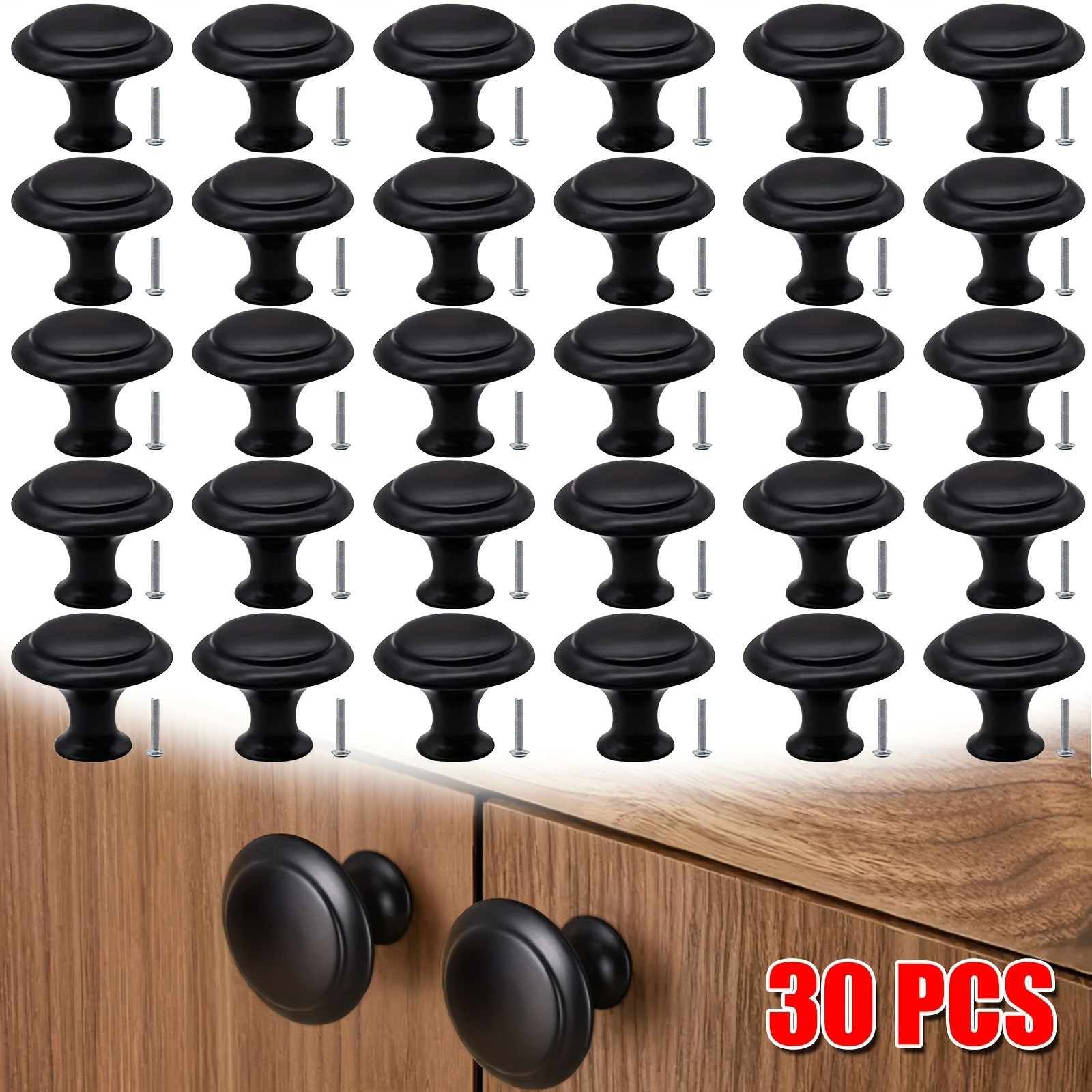 30pcs Matte Black Cabinet Knobs - 1-inch Round Stainless Steel Drawer Pulls With Screws Included, Ideal For Kitchen And Dresser Doors, Durable Alloy Design, Cabinet Knobs And Pulls