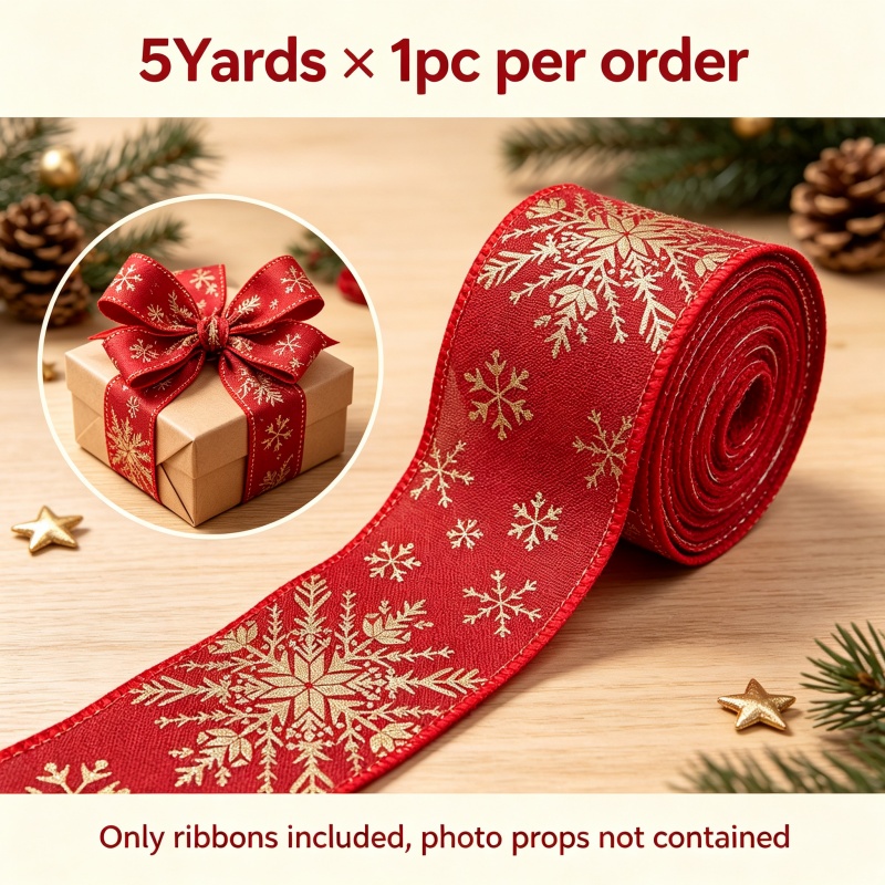 TEMU 5yards Wired Burlap Ribbon Suitable For Christmas, Wine Red Snowflake Print With Bow-making Suitable For Diy Crafts, Gift Wrapping, Wreath