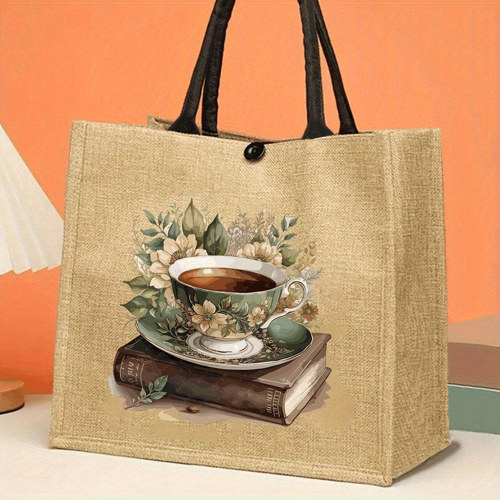 TEMU Borsa da in juta stampata con stampe vintage di caff癡 e libri - Grande capacit�, resistente, riutilizzabile per , e le , borsa da caff癡
