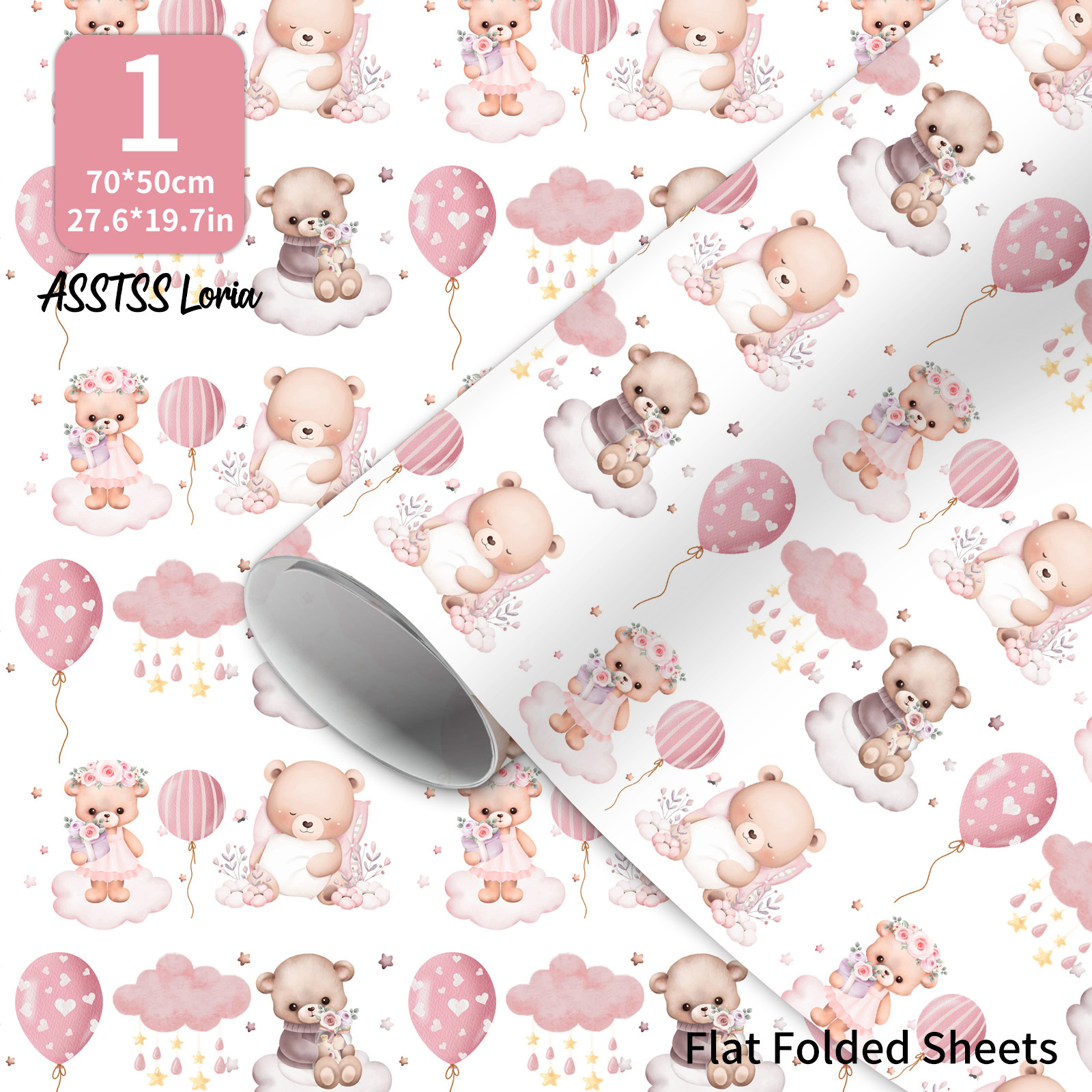TEMU 1 Sheet Asstss Large Bear Wrapping Paper Suitable For Birthdays, Graduation, Showers - 20x28" Large Roll With Balloons, Clouds & Teddy Bear,