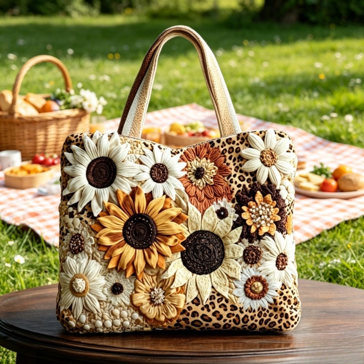 Image of 17*15 Inch Women's Large Quilted Bohemian Tote Bag, Leopard Sunflower Zipper Handbag - Top Handle Shoulder Bag For Commuting, Travel, Picnic, Women's Gift