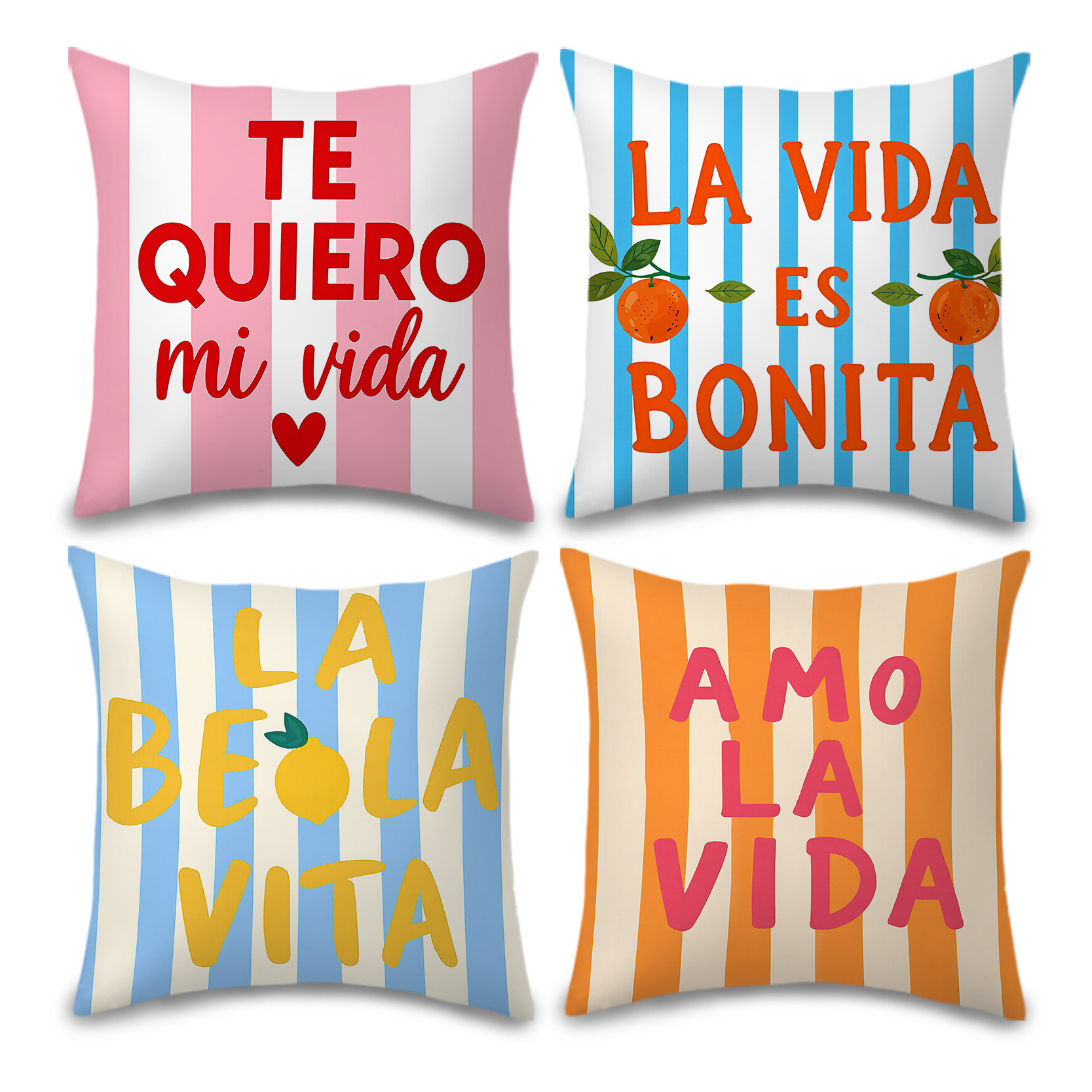 TEMU 4pcs, Housses de coussin d'extérieur, Multicolores à rayures verticales, Lettres espagnoles, Motif imprimé de fruits, Housses de coussin