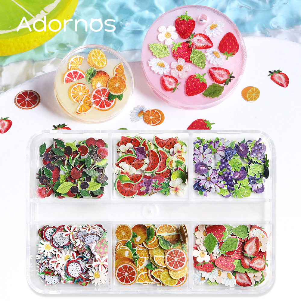 Image of Fruit Series Wood Chips Resin Shaker Mold Filler Oranges Watermelon Strawberry Shape Flakes Epoxy Resin Filling Accessories Valentine Gifts Handcraft Keychains Making