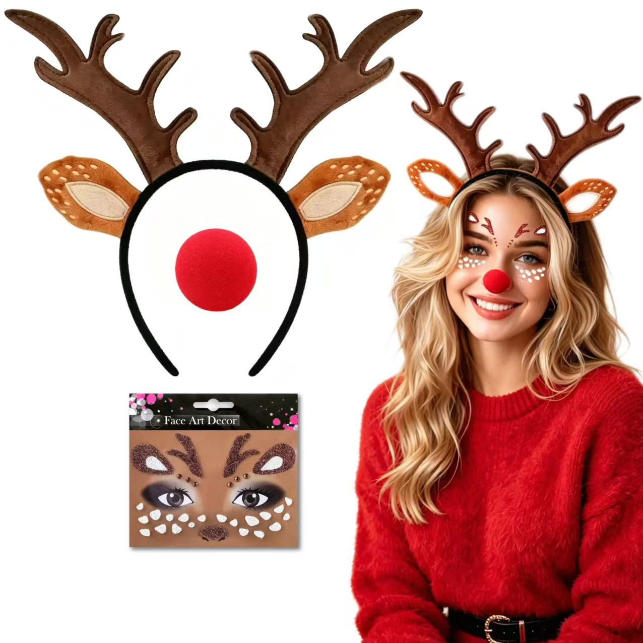 TEMU 3pcs Halloween Reindeer Costume Set, Includes Reindeer Headband, , Reindeer Stickers, Christmas Costume, Photo Booth Props - Suitable For