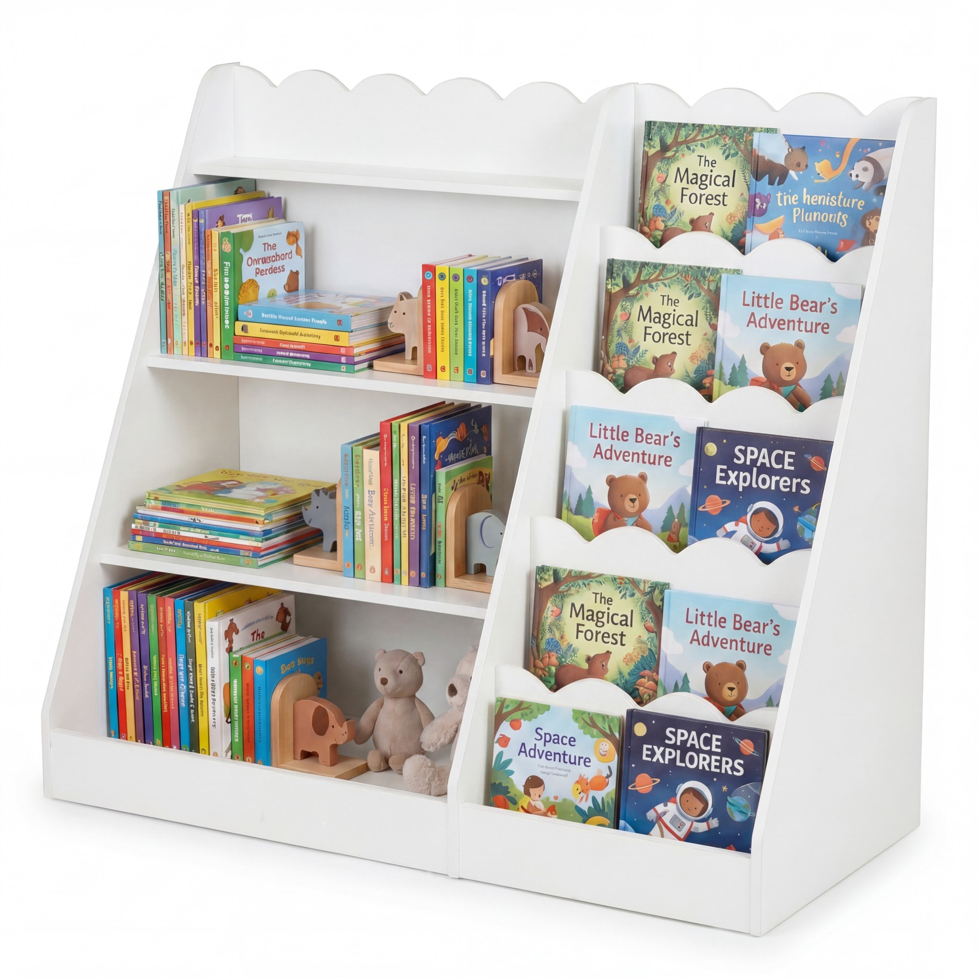 Image of Kids Bookshelf, Bookcase With 5-tier Scalloped Shelves, Deep Compartments, Wooden Book & Storage Organizer For Kids Room, White