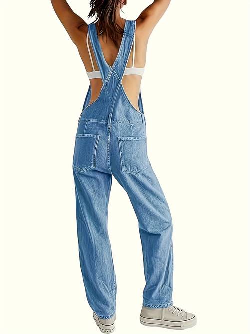 solid color slant pocket overall jumpsuit casual adjustable strap sleeveless cross back overall jumpsuit suitable for spring and summer womens fashion