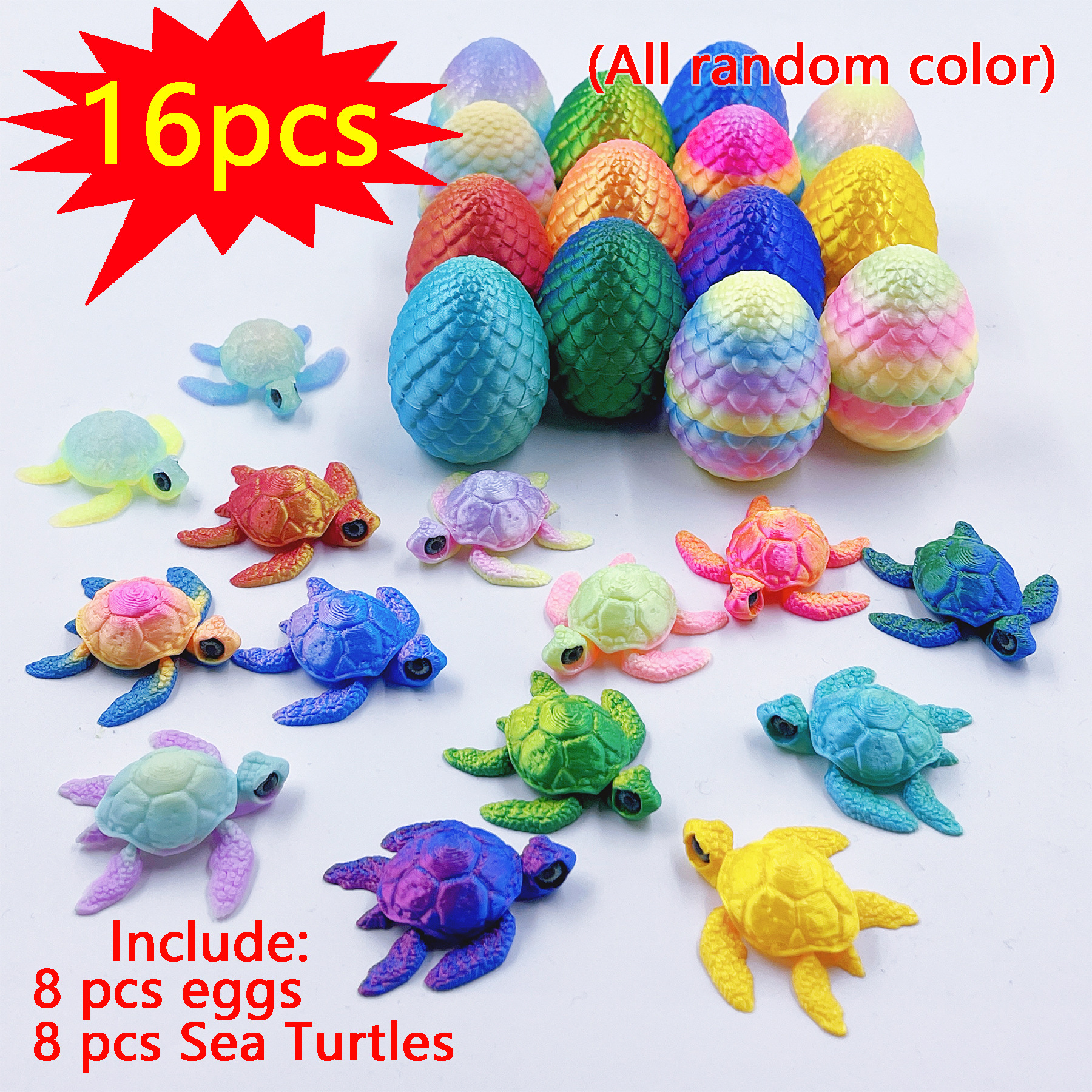 Image of 16pcs (including 8pcs And 8pcs Turtles) 3d Printed Small And Turtles, Random Colors, Suitable For Gifts, Parties, Gardens, Kitchens, Offices, Tale World, Aquariums, Car Ornaments, , Home Decor