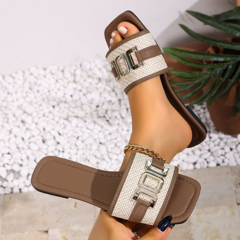 TEMU Woven Metal Sandals And Slippers Women's Summer New Square Toe Flat Bottom Wear Outside Cool Slippers Versatile Casual One-line Sandals, Women