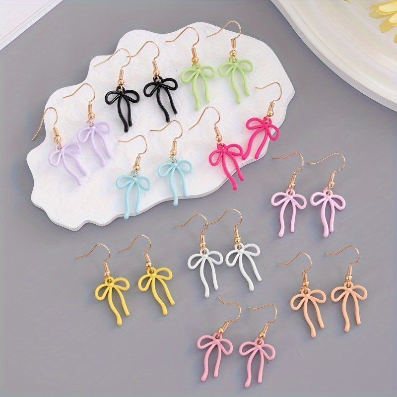 TEMU 10 Pairs Alloy Bow Knot Earrings For Women, Cute And Colorful Ribbon Design Dangle Earrings, Lightweight And Trendy Jewelry For, Perfect For