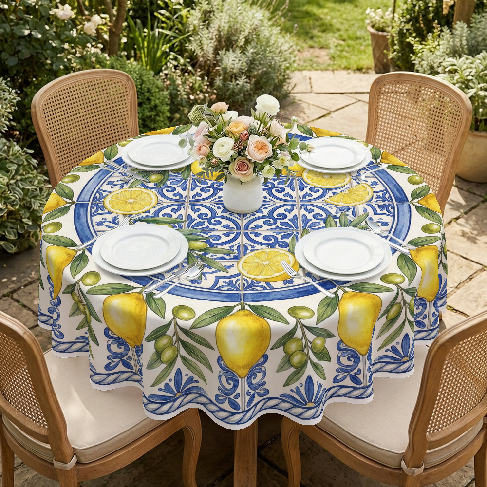 TEMU 1pc Mediterranean Style Tablecloth For Round Table With Blue And White Floral And Lemon , 2d Printing, Suitable For Summer, Party, Picnic,