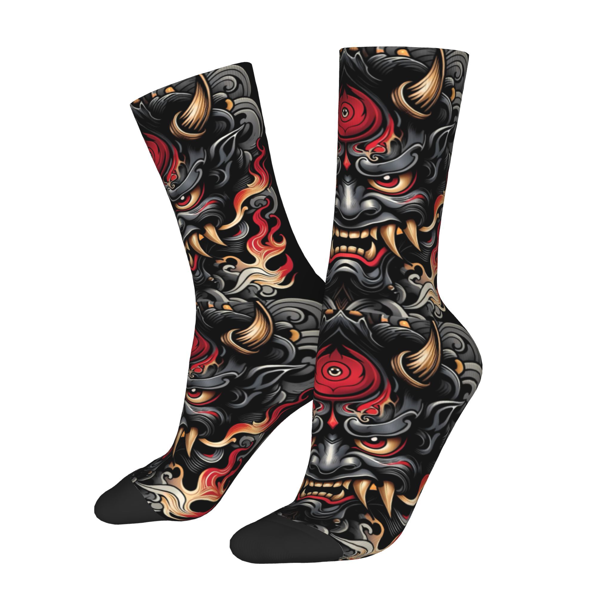 TEMU 1 Pair Men's Japan Oni Printed Hip Hop Harajuku Style Socks Novelty Crew Socks Streetwear Accessory