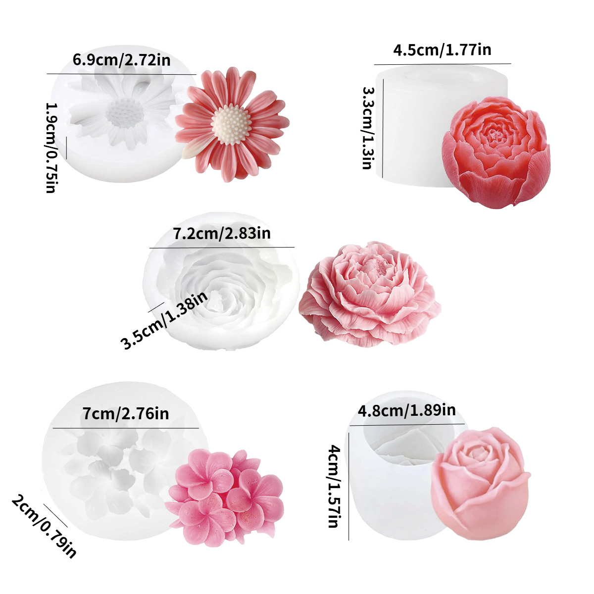 E-shop Set mit 5 Silikonformen zum Herstellen von Kerzen und Seifen, entworfen mit floralen Mustern, darunter Rose, Knospenrose, Pfingstrose,