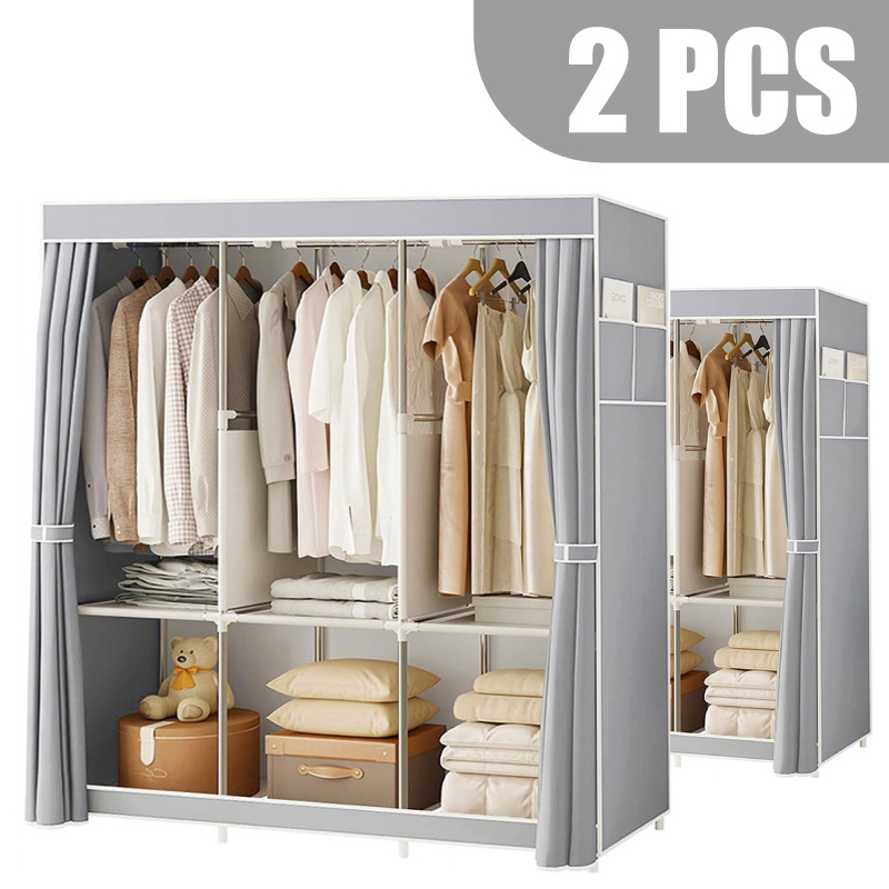 TEMU 2pcs Fabric Canvas Wardrobe Cloth Wardrobes With Hanging Rail Shelving Clothes Storage Large Cupboard, Portable Closets